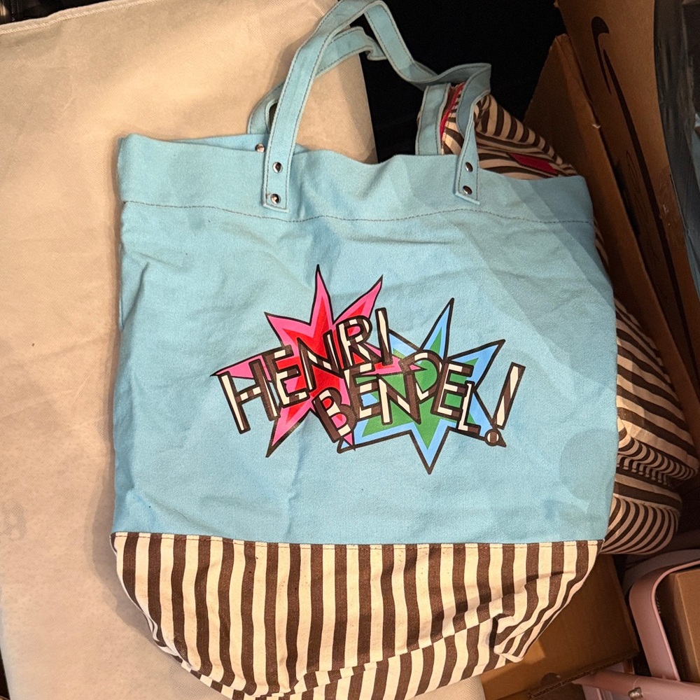 henri bendel Light Blue Canvas Tote with Multicolor Logo and Brown-Striped Base